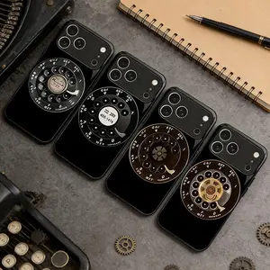 2026 Dial Tone: The Retro Black Glass Shell⏳     Phone case: Vintage Rotary Phone Pattern Tempered Glass Phone Case in Black for iPhone 17 Pro Max 16 Plus 15 14 13 12 11 Air XR & Samsung Galaxy S23–S25