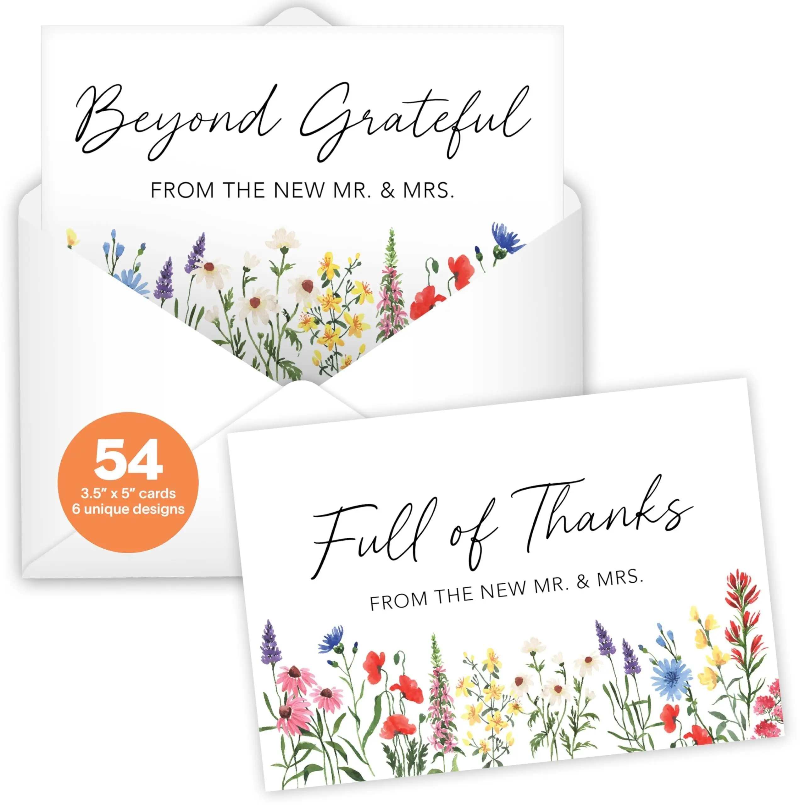 Hadley Designs Blank Wedding Thank You Cards, 54-Count Bulk Set (3.5x5 in) with Envelopes, 6 Unique Floral & Rustic Styles for Special Moments - Office Stationery Card Stock, Blank Cards