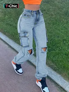 Women's Plain Ripped Flap Pocket Button Fly Straight Leg Jeans, Fashion Casual Denim Pants for Daily Wear, Ladies Bottoms for All Seasons, Denim Trouser, Denim Clothing