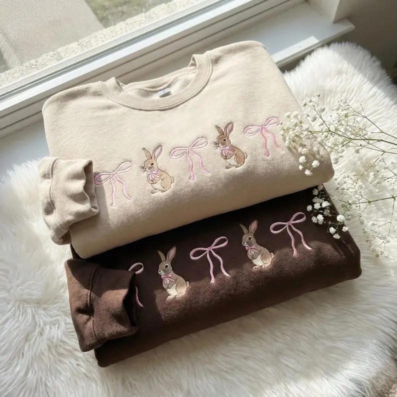 Cute Bunny Embroidery Design – Bunny Pair and Bow Set SweatShirt, Pastel Easter Machine Embroidery Pattern Hoodie, Baby Girl Stitch
