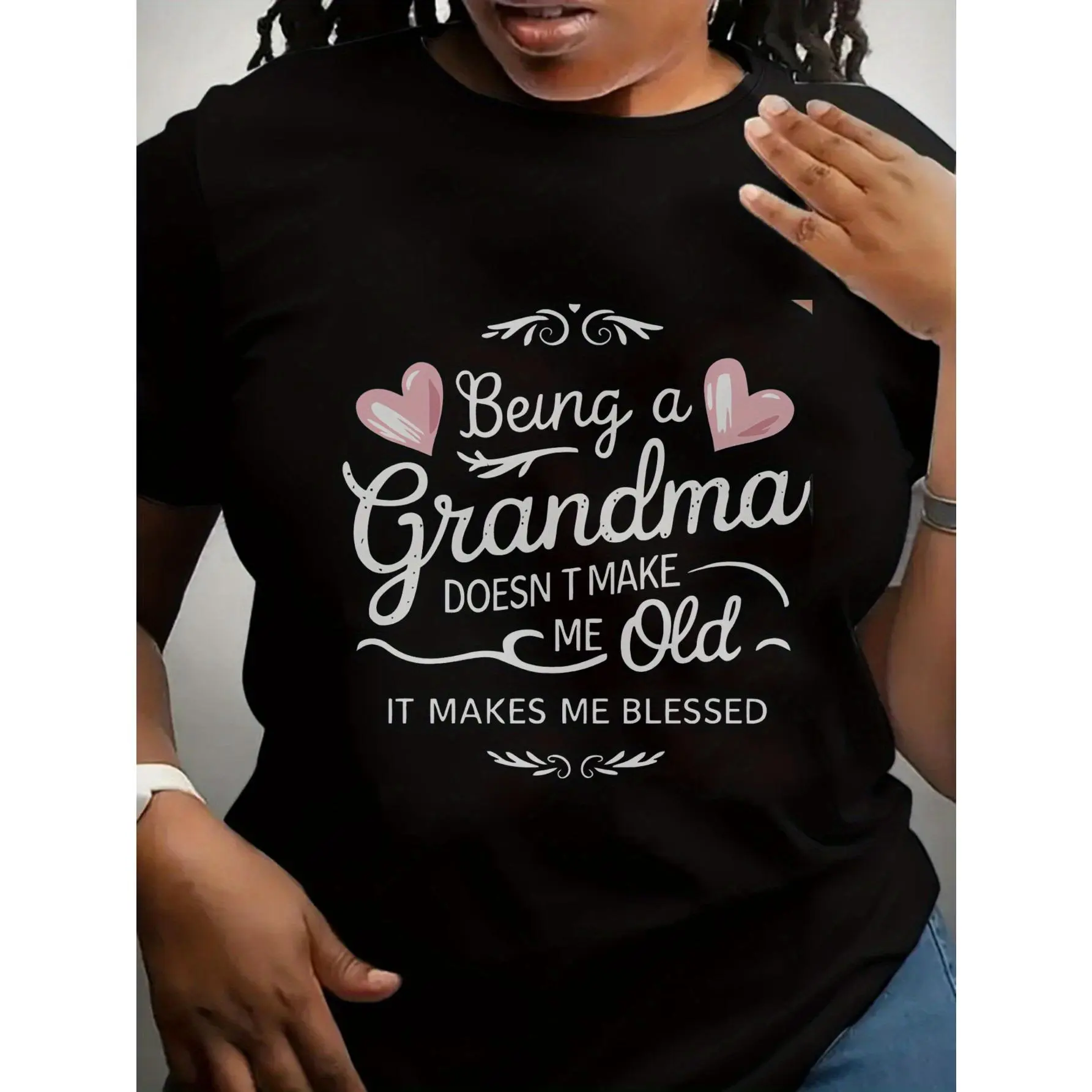 Women's Cotton Oversized Casual Short-Sleeve Tops - "Being a Grandma Doesn't Make Me Old It Makes Me Blessed" Inspirational Quote, Geometric Print, Stretch Fabric, Loose Round Neck, Machine Washable, All-Season Comfort, Unisex Grandma Gift, Casual Wear, S