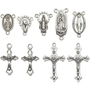 100g (60pcs) Antique Silver Cross Jesus Maria Our Lady Miraculous Centerpiece Crucifix Medal Charms Pendants for Crafting, Jewelry Findings Making Accessory For DIY Rosary Necklace Bracelet (M154)
