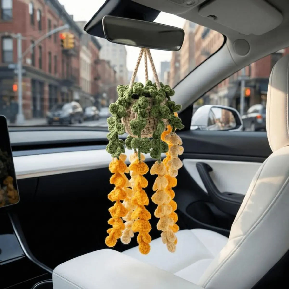 Handmade Crochet Hanging Plant Car Charm - Cute Cottagecore Rearview Mirror Decor, Boho Succulent Cars Accessories, Lightweight Women’s Interior Ornament, New Gift for Mother’s Day or Birthday, Car Decorating
