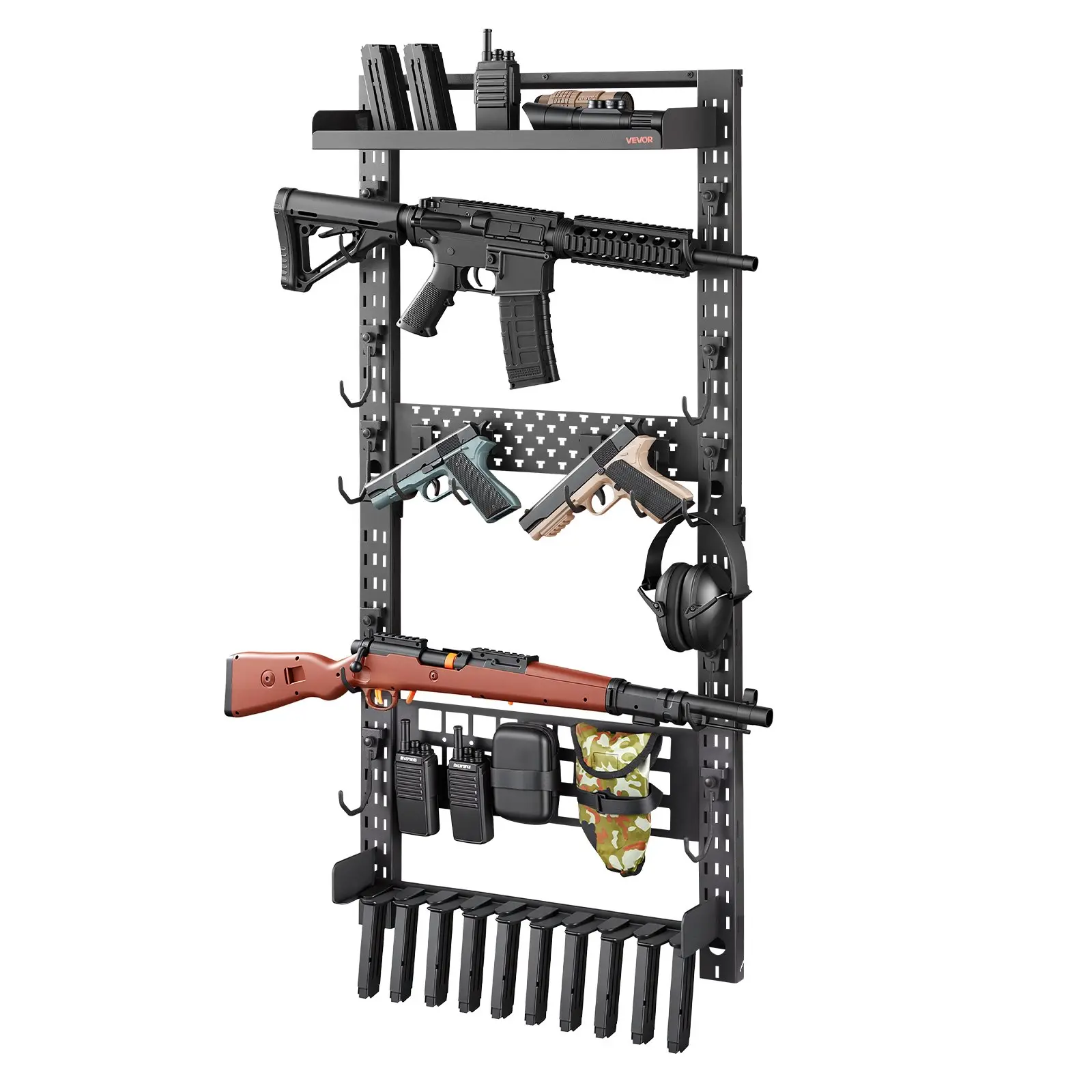 VEVOR Wall-Mount Carbon Steel Gun Storage Organiser, Corrosion-Resistant Heavy-Duty Indoor Use Accessory with 5 Gun Slots, PVC Magazine Holder, MOLLE Panel & Installation Components