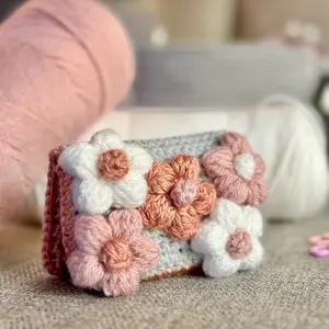Flower puff crochet card holder mini wallet handmade gift for her