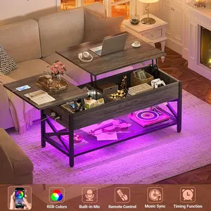 Cyclysio Lift Top Coffee Table with LED light and Power Outlets, 42" x 20" Modern Center Table with Two Way Lift-top Design and Storage Shelf, X Support Metal Frame and 2 Hidden Storage Areas