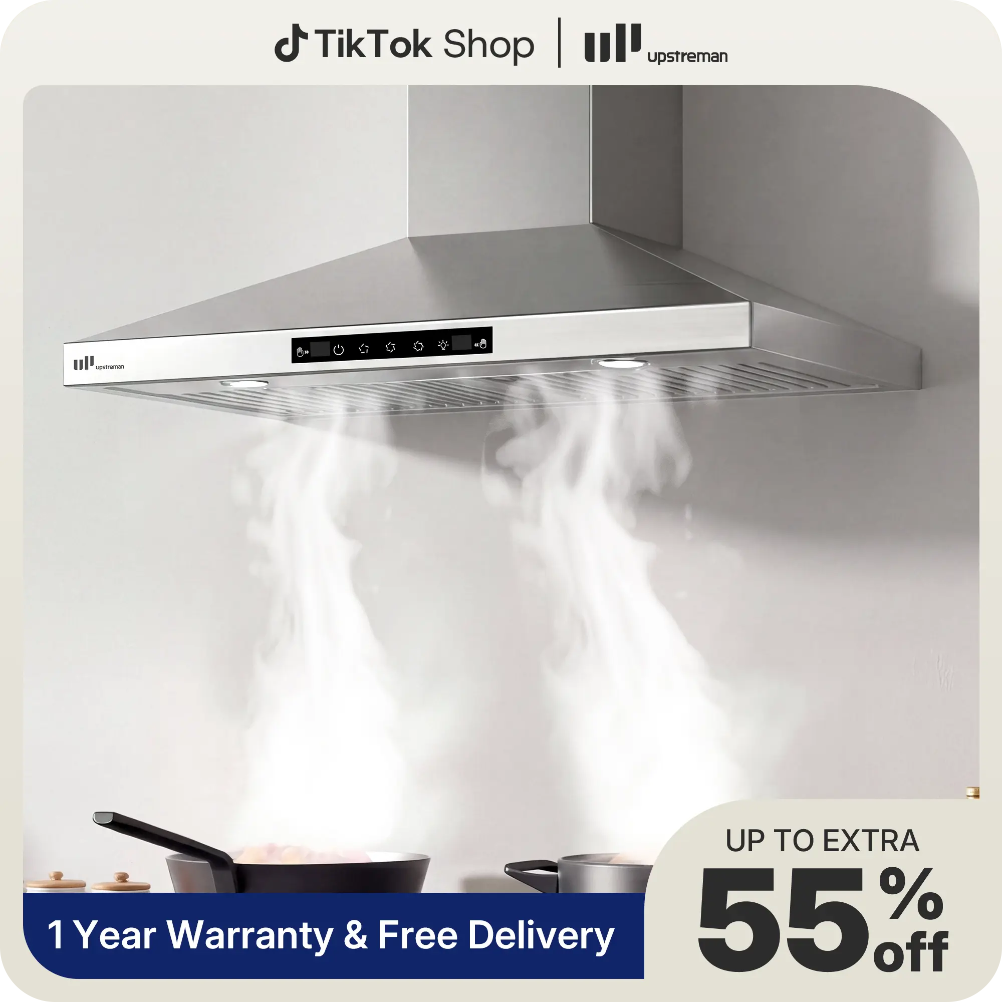 Upstreman 30-Inch Wall Mount Range Hood - 380 CFM (300 to 499 CFM Range), Gesture & Touch Control, 3-Speed Matte Black Vent Hood, 15-Min Auto Shut-Off, 5W Ultra-Bright LED Lights, Ducted/Ductless Convertible, Durable Design, Easy Maintenance, Model HC30,,