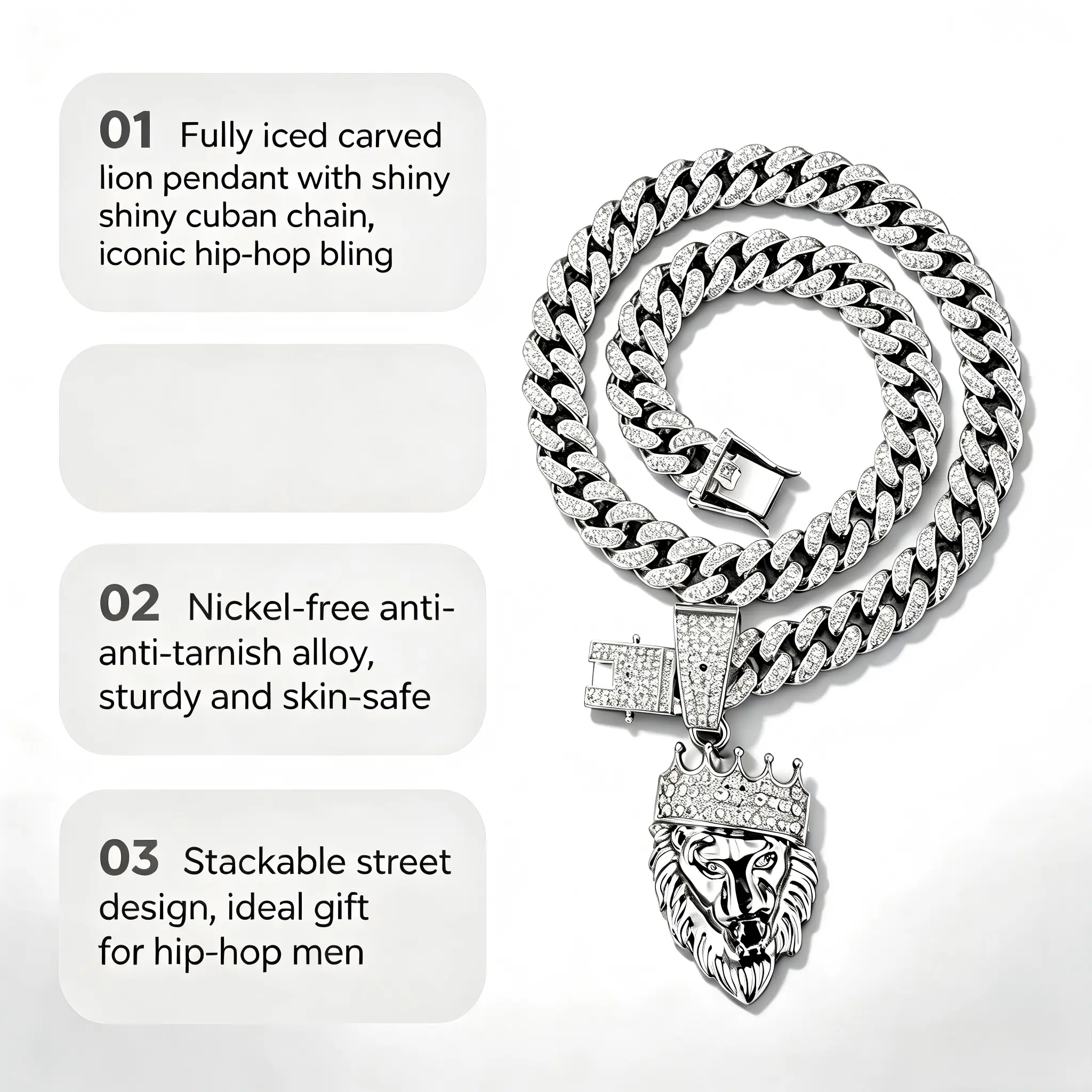Men's Vintage Lion Head Pendant Necklace - Hip Hop Style Costume Jewelry Accessory, Bold Statement Piece for Outfits Stainless Steel Miami Cuban Link hop jewelry durable valentine birthday gift gothic hip-hop campingessentials