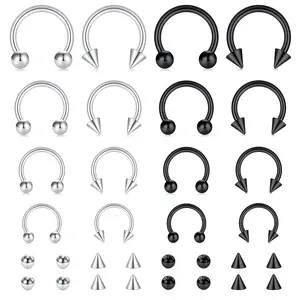16-Piece Horseshoe Piercing Set, Multi-Size Curved Barbells with Ball & Spike Ends in Silver & Black, Versatile Jewelry for Septum, Lip & Eyebrow Piercings