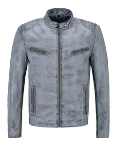 MotorCycleJackets Men's Distressed Light Blue Retro Biker Leather Jacket