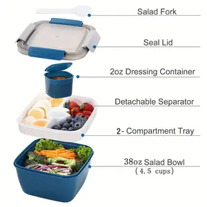 1 One Salad Box 37.2 Oz, Portable Salad Lunch Container, 2 One Compartment with Dressing Cup, Large Bento Box, Meal Preparation Container for Food Fruit Snacks