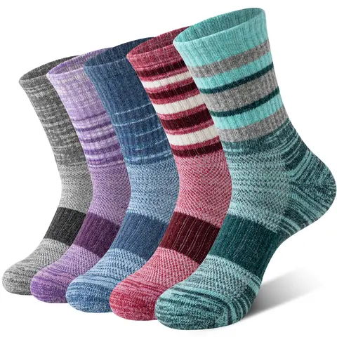 Unisex 5-Pair Merino Wool Multicolour Basic Crew Socks Set, Compression Support, Sweat-Absorbing, Breathable, Thick-Cushioned for Hiking & Work, Thanksgiving Festival Gift Option