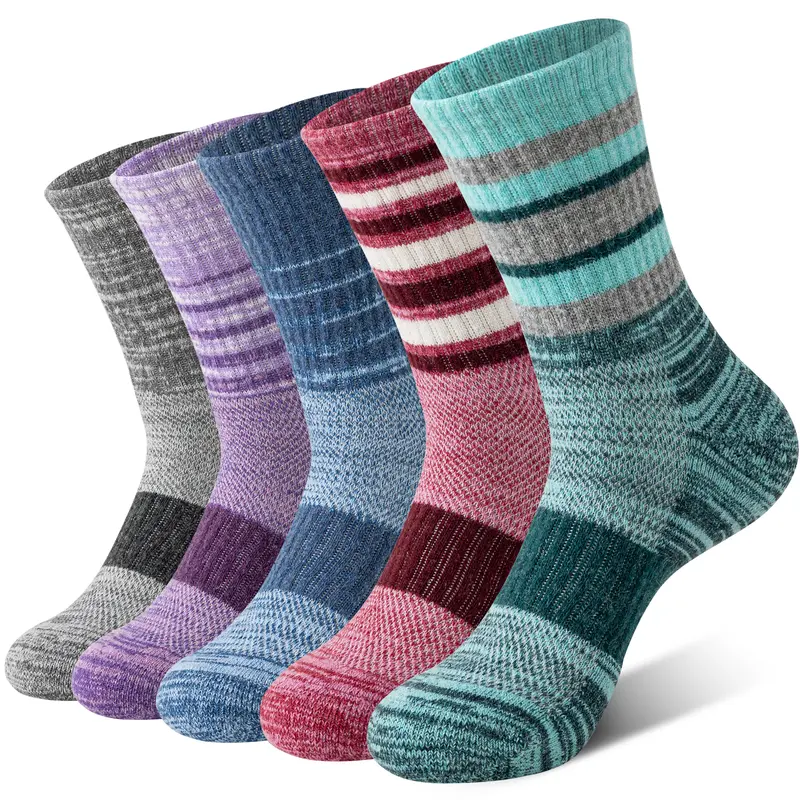 Unisex 5-Pair Merino Wool Multicolour Basic Crew Socks Set, Compression Support, Sweat-Absorbing, Breathable, Thick-Cushioned for Hiking & Work, Thanksgiving Festival Gift Option