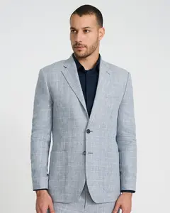 Express Slim Blue Plaid Linen-Blend Suit Jacket