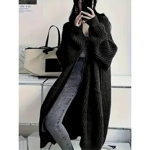 Women’s long plus-size thick knit cardigan with pockets, loose-fitting long-sleeve sweater coat for fall and winter