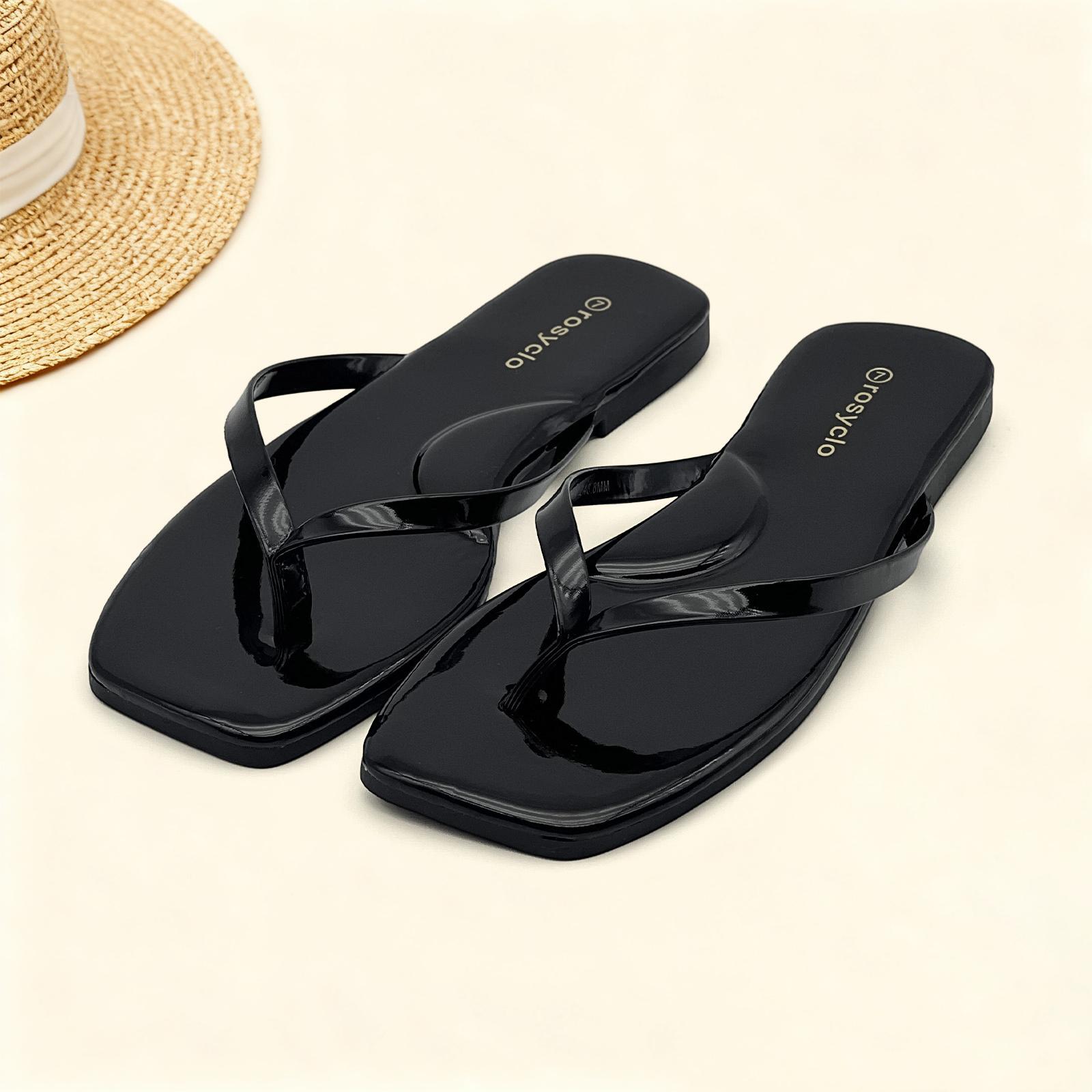 rosyclo Women's Glossy Square Toe Flip Flops | High-Shine Mirror Finish Thong Sandals | Minimalist Summer Beach Slides | Lightweight Elegant Flat Sandals
