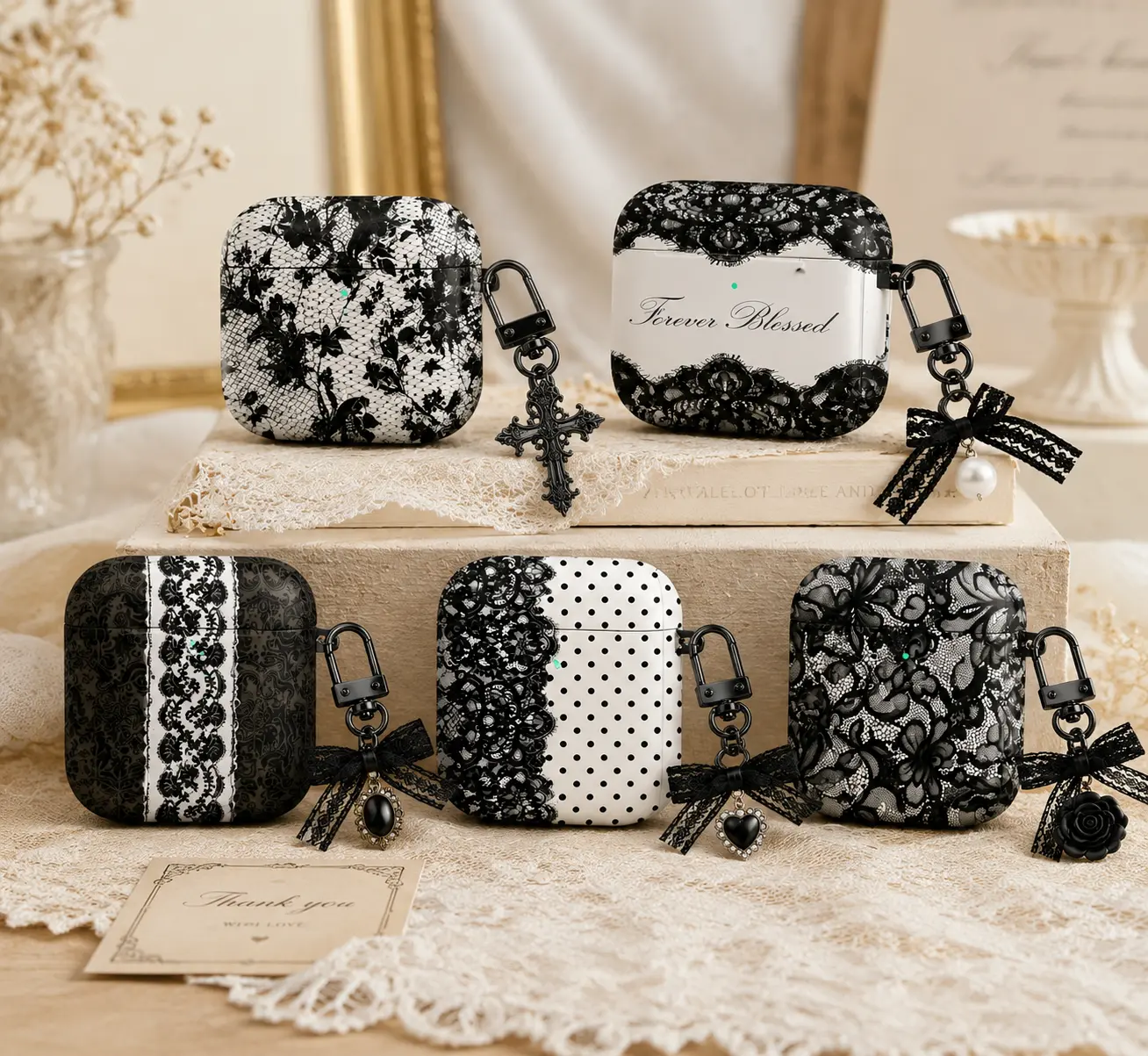 NO KEYCHAIN Gothic Lace AirPods Case, Black & White Coquette AirPods Pro Cover, Vintage Victorian Floral AirPods Gen 1 2 3 4 Case, Dark Feminine Protective Cover Gift