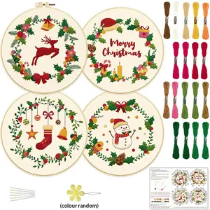 4-piece Christmas Wreath Embroidery DIY Craft Kit - Includes 1 Embroidery Hoop - Suitable for Adult Beginners and Sewing Enthusiasts - Unique Christmas Home Decoration