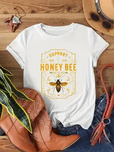 S Vintage Honey Bee T-Shirt - Support Local Beekeepers Soft -Like Short Sleeve Top with Bee & Honeycomb Print Casual Summer Wear for Nature Lovers Beekeeping Events & Everyday Outfits (M1 Three Color Women's Clothing