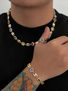 Men's Gold Colorful Gem Necklace & Bracelet Set Trendy Crystal Jewelry for Streetwear Unisex Bling Choker MensJewelry GoldJewelry