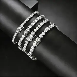 Unisex Silver Rhodium Plated Hip Hop Chain Bracelet, Iced Out CZ Tennis Bracelet for Men Women, Unisex Daily Streetwear Jewelry Gift