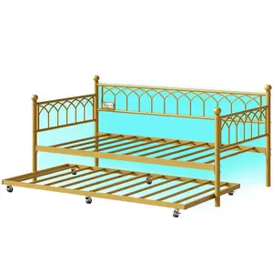 Garvee Twin Size Convertible Sofa Bed with LED Lights and Metal Frame Trundle, Sleeper Sofa Ideal for Teens' Room, Stylish and Functional Gold Finish