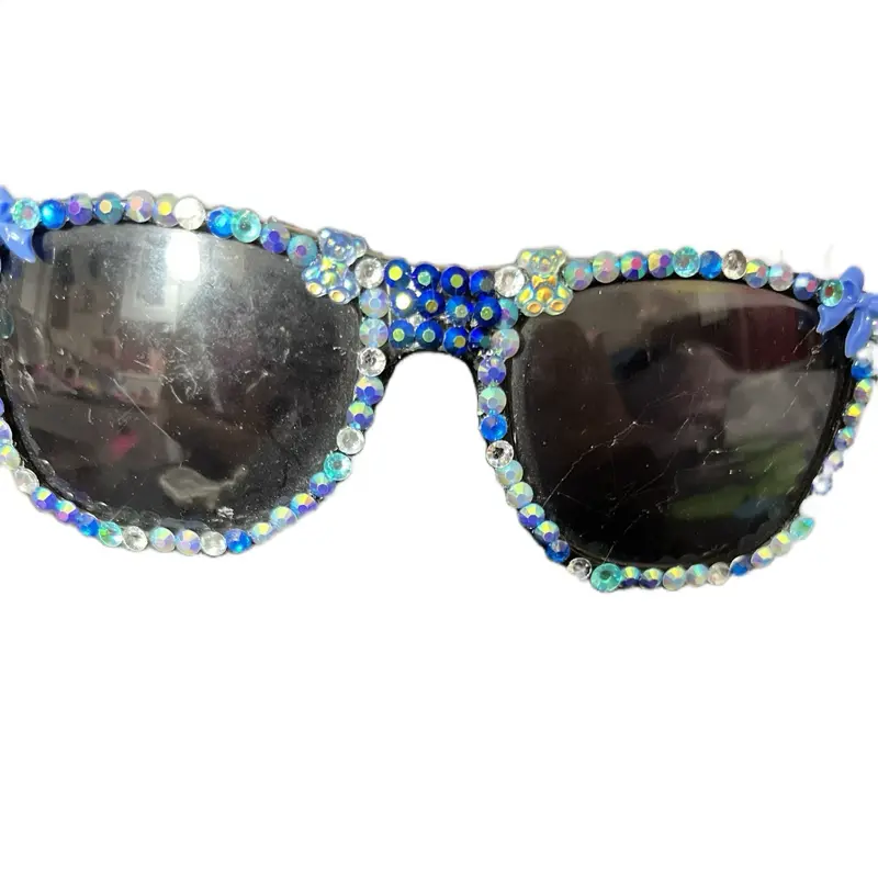 Blingout Junk Sunglasses with Sparkling Blue and Clear Bead Decorations  Bling out yellow and pink sunglasses