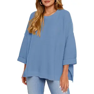 Aoysky Lady's Oversized Knitting Sweater, Casual 3/4 Longsleeves Round Neck Ribbed Split Tunic, Fall Loose Pullover Top