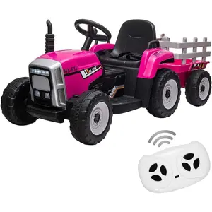 12V Ride On Car for Kids Battery Powered Ride On Toy Electric Tractor Car with Trailer/Remote Control/LED Lights/2+1 Gear Shift/Music - 25W/Pink