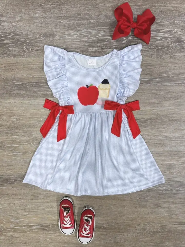 SYDNEY SO SWEET Flutter Sleeve Apple Pencil Girls Back to School Dress with Red Bows & Applique for First Day of School