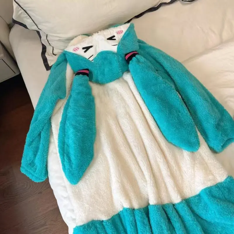 Kawaii Hatsune Miku Coral Velvet Robes Women's Winter Thickened Flannel Pajamas Cute Anime Casual Home Wear Kids Xmas Gifts