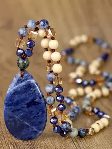 Vintage Nature Sodalite Necklace, Bohemian Waterdrop Pendant, Handmade Knot, Nature Stone, Long Necklace, Boho Style Necklace, Women Jewelry, Thanksgiving Gift
