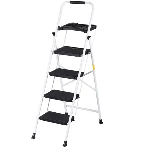 Segawe Folding Step Ladder for Home - Lightweight Foldable Portable Collapsible Metal Frame Ladder with 330lb Capacity, Lock-in Safety Auto Lock Buckle, Wide Antislip Pedals, Tool Tray, Tool Storage, Fits Tight Spaces (16 lbs)