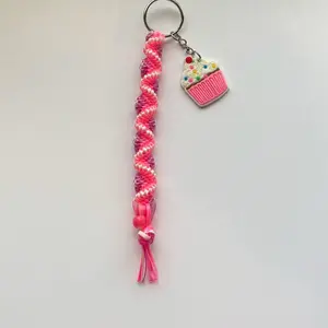 Sugar Swirl Rexlace Keychain with Pink Cupcake Charm and Colorful DNA Design