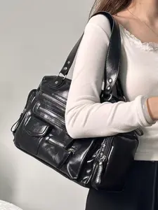 Women's Solid Color PU Leather Tote Bag, Fashionable Large Capacity Shoulder Bag for Daily Used, Casual Trendy Versatile High-quality Daily Commuting Bag