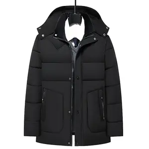 Men's Black Thermal Longline Puffer Coat with Detachable Hood - Business Casual Winter Wear with Zippered Pockets trendy all-match Men's Hooded Puffer Winter Jacket mens  winter  jacket snow
