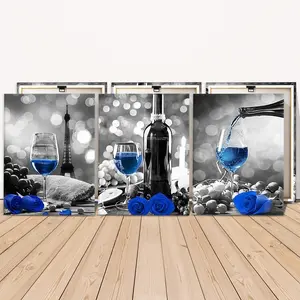 3 Counts Wooden Framed Canvas Painting, Blue Wine And Rose Still Life Images, Exquisite Poster, Perfect Living Room Decoration, Modern Art, Fashion Family Poster, Wall Art Decoration, Waterproof Art, Modern Floral Paintings