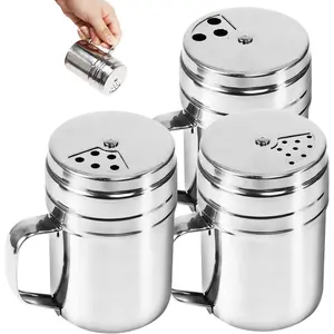 3Pcs Seasoning Bottle with Handle Stainless Steel Dredge Shaker Rub Spice with Holes Powdered Sugar Shaker with Lid Shaker Cooking Rotatable Cover for Spice Salt Shaker Dispenser