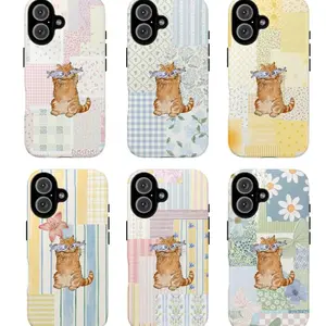 Cute Orange Cat Phone Case with Fish Collage Pastel Pattern Shockproof Protection for iPhone 11-17 Pro Max Lightweight & Slim Design
