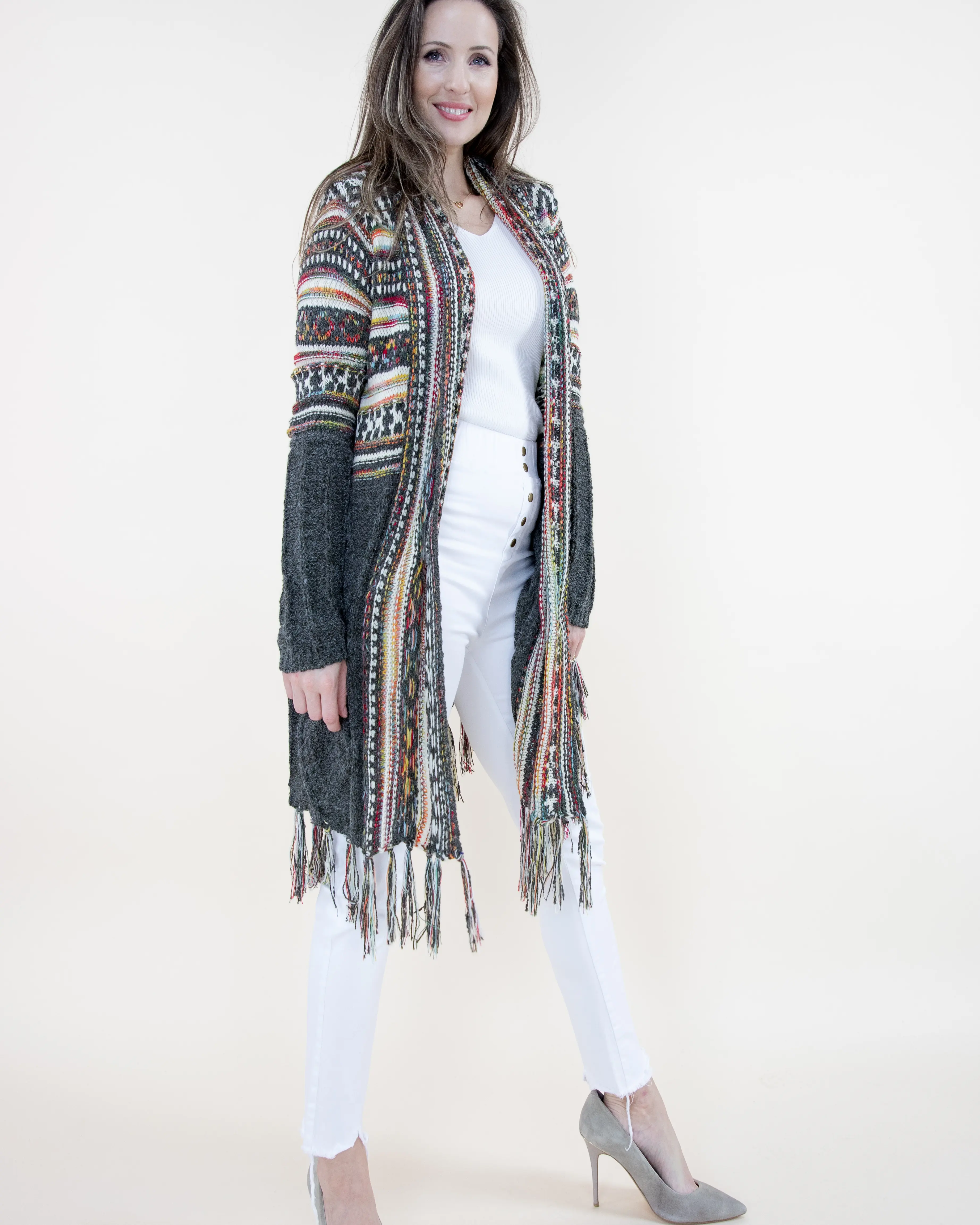 Women's Knit Cardigan, Bohemian Style Ethnic Pattern Wrap, Lightweight Oversized Open Front Outerwear with Fringe Trim, Fabric, Knitwear, Piece, Fitted, Elegance, Soft, Tops, Casual, Ribbed, Colorful