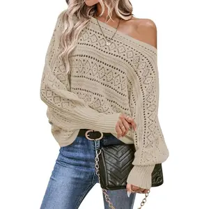 WomensOffShoulderSweaterTopFallOutfitsFashion2025OversizedKnitBatwingLongSleeveCrochetPulloverSweaters
