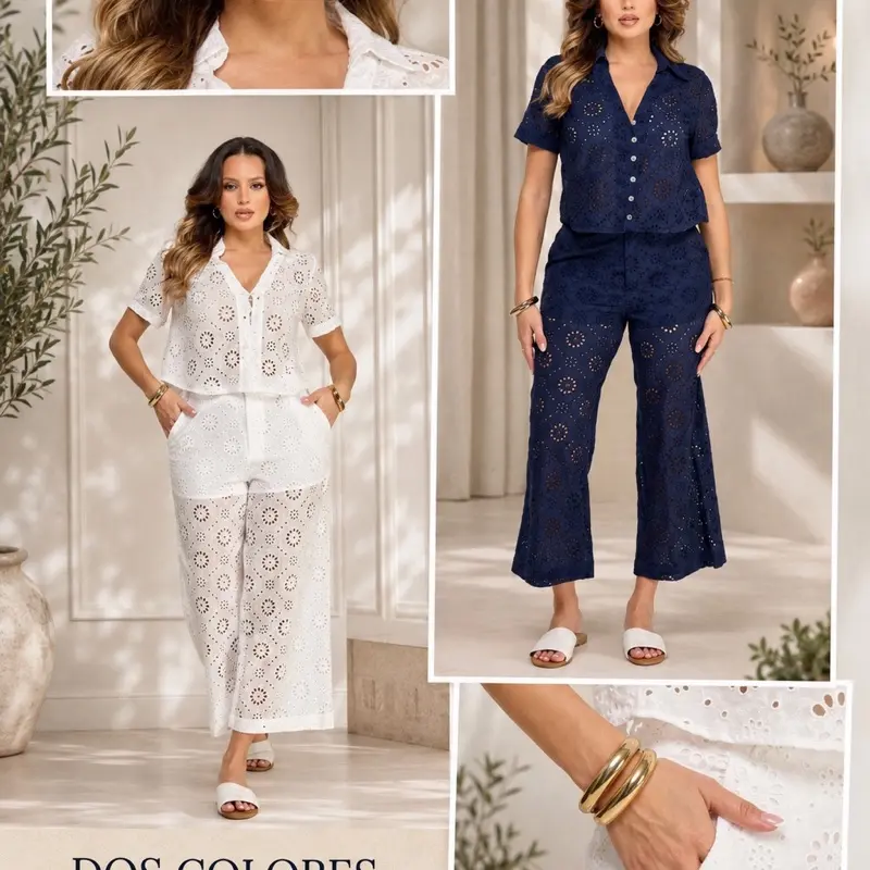 Seaside Grace Set - Embroidered Eyelet Fabric Two-Piece with Floral Cutout Details in White & Navy for Summer Events