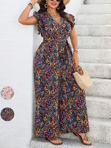 Plus Size Women's Jumpsuit Patchwork Deep V-Neck Plaid Dress Loose Spoon Flower One-Piece Pants Casual Vacation Style