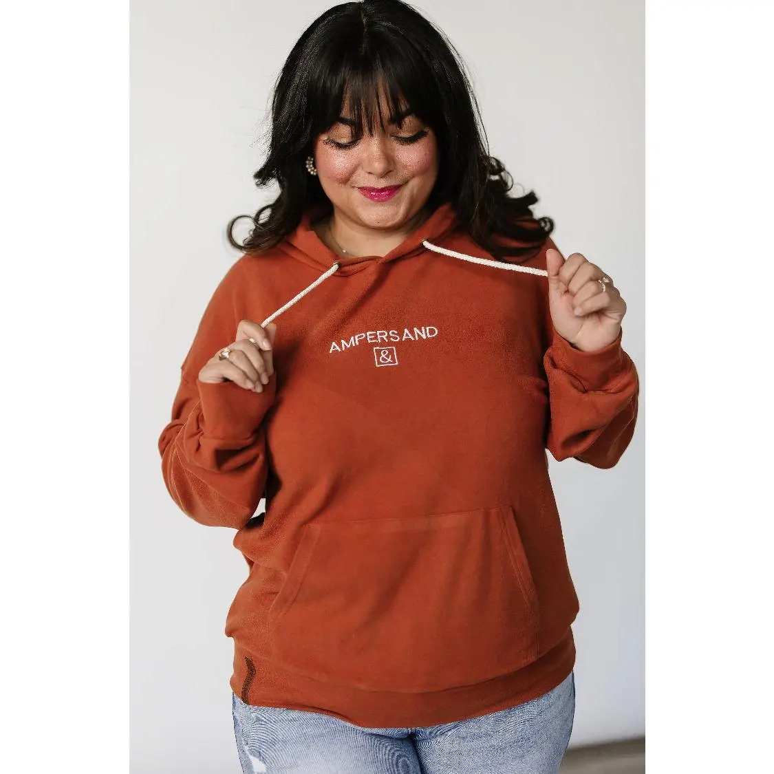 Women's University Embroidered Fleece Hoodie - Elegant Oversized Pullover, Burnt Orange Triple Stretch Cotton Blend Fabric, Piece, All Day Wear, Pull On, Allover Print, Sweatshirts, Casual, Tops, Clothes, Athleisure Wear
