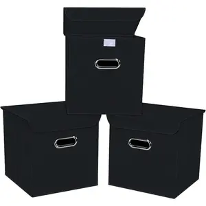 Fabric Storage Cube Bins with Lids Closet Organizers collapsible storage bins basket with Handles for HomeStorage Boxes for Organizing 3 Pack black