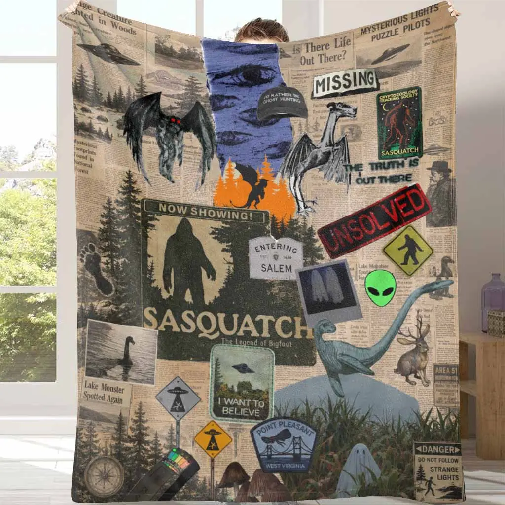 Cryptid Folklore Flannel Blanket Vintage Paranormal Bigfoot Mothman Print UltraSoft Lightweight Breathable Cozy Throw Ideal For Camping Night Trips Living Room Sofa Decor Mystery Enthusiast Housewarming Gift