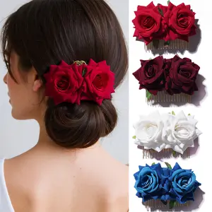 4 Pcs Red Rose Flower Hair Clips Accessories Bridal Hairstyles Combs Pins Brooch Mexican Bohemia Hairpin Ladies Handmade Party Supplies for Women Flamenco Dancer Christmas Wedding Birthday