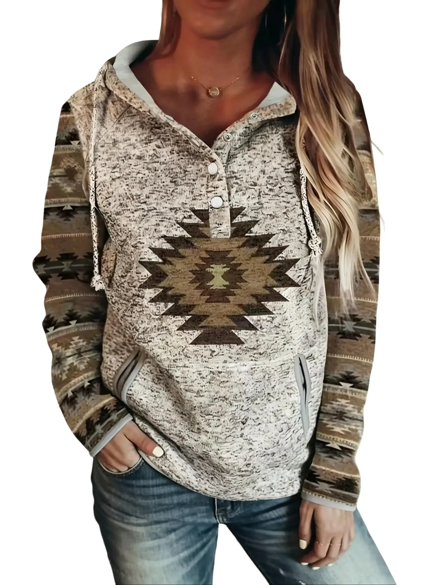 Women's Fashion Western Ethnic Print Hooded Sweatshirt, Vintage Geometric Pattern Pullover with Button Front, All-Season Casual Long Sleeve Top, for Everyday& Formal Outfits