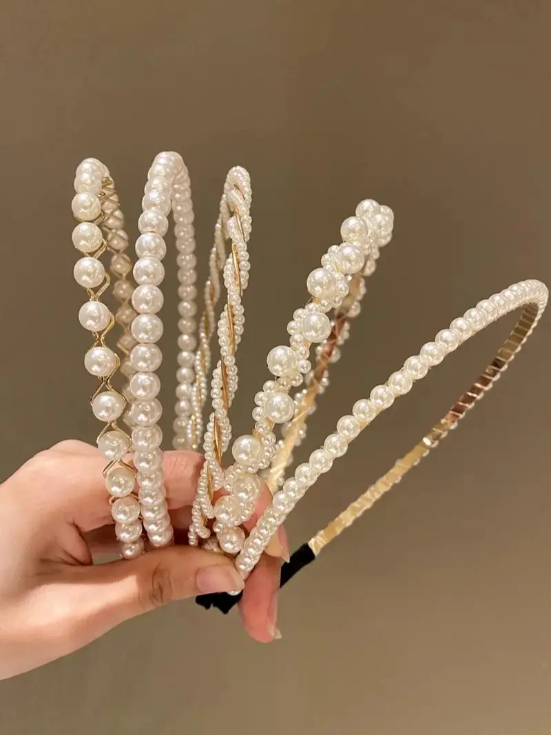 5Pcs Faux Pearl Headbands, Elegant Stylish Hair Hoops for Women & Girls, All-Match Hair Accessories for Daily Wear & Party