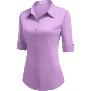Women's 3/4 Sleeve Button-Up Shirt - Blend, Lavender Purple, Slim Fit, Lapel Collar, Solid Color, Woven Fabric, Summer Casual to Semi-Formal Wear, Ladies Button Up Shirts